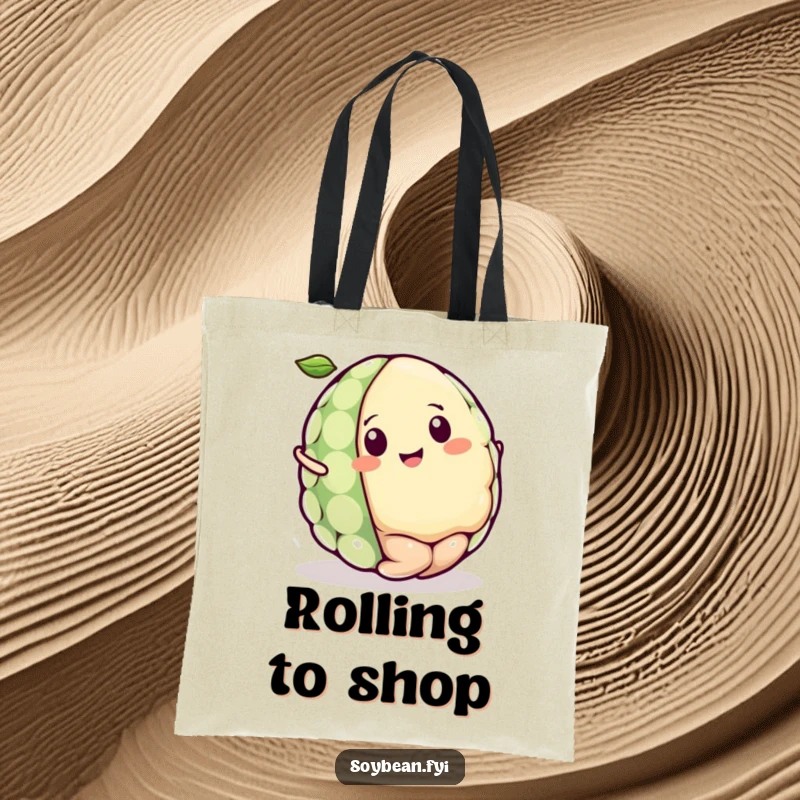 Funny Kawaii soybean character tote bag, illustrating the character rolling joyfully like a tiny ball with an expression of pure delight.