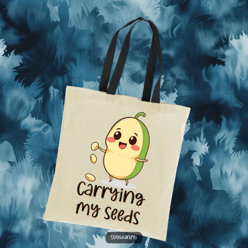 Funny Kawaii soybean character tote bag, featuring a wide smile and playfully throwing a tiny bean, practical and amusing.