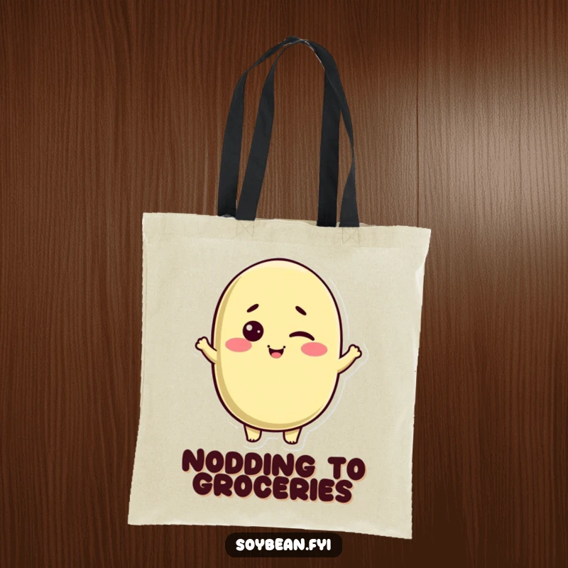 Funny Kawaii soybean character tote bag, showing off a wink and a friendly nod, practical and amusing for daily use.