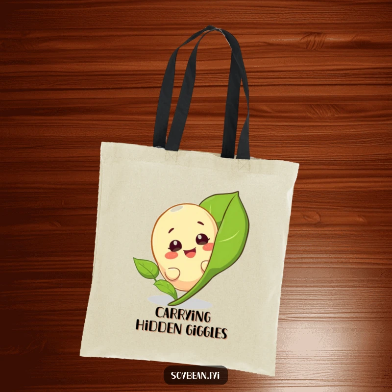 Funny tote bag with a giggling soybean character peeking from behind a leaf, perfect for carrying essentials with playful humor.