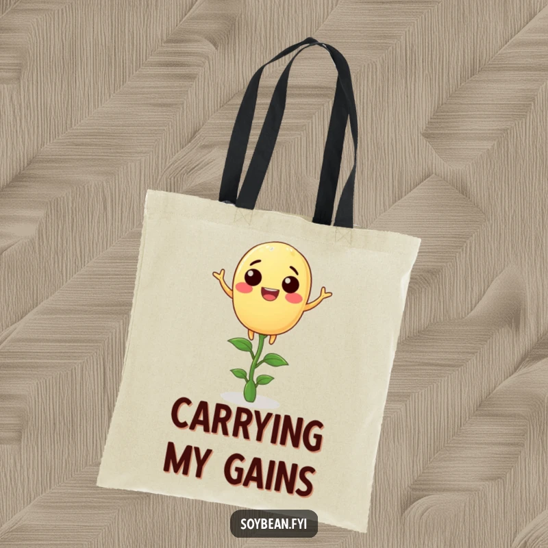 Funny soybean tote bag showcasing a joyful anthropomorphic soybean balancing on a tiny sprout, perfect for humorous and practical use.