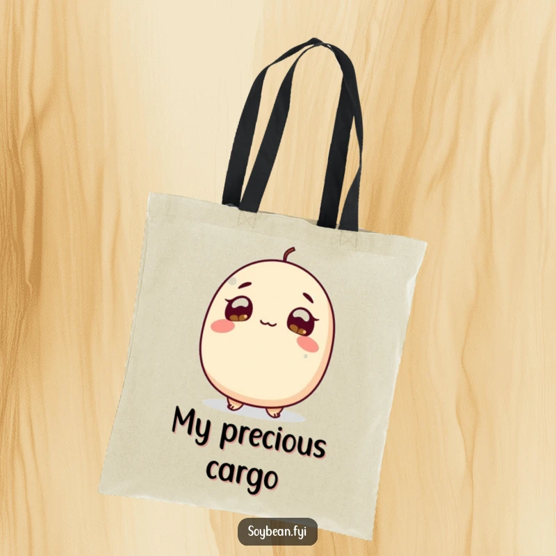 Funny Tote Bag: A soybean character with wide, hopeful eyes looking upwards, perfect for carrying items with a dash of gentle curiosity.