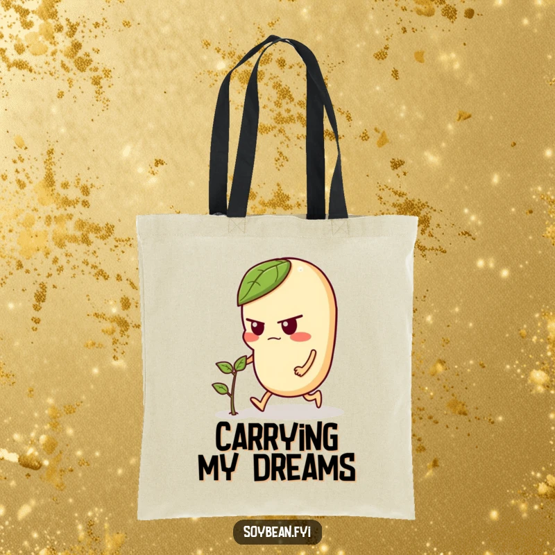 Funny tote bag depicting a resolute soybean character pushing a small growing plant, great for farmers markets and daily errands.