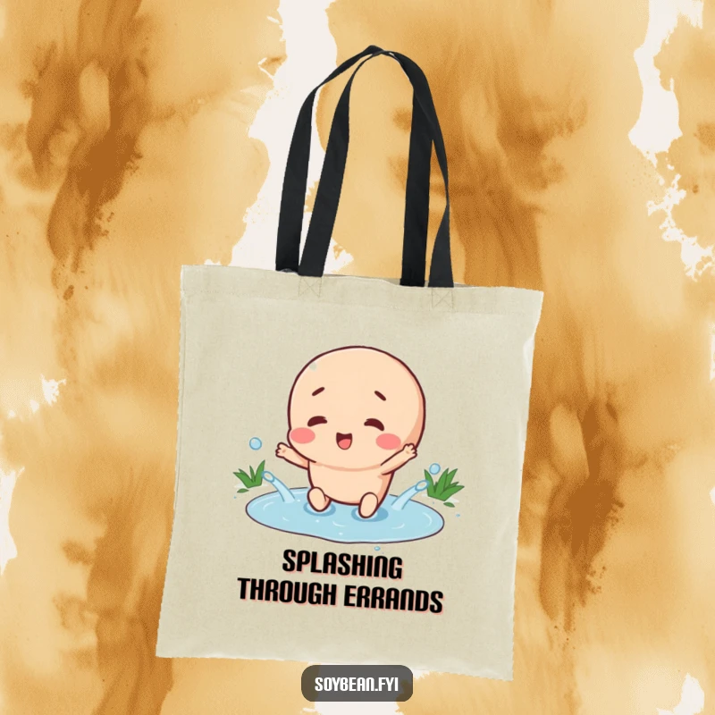 Funny tote bag with a happy soybean character splashing in a tiny puddle, perfect for carrying essentials and spreading cheerful vibes.