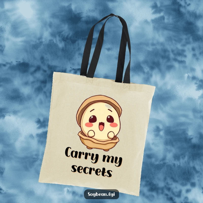 Funny tote bag showcasing a surprised soybean peeking out from its slightly open shell with curiosity.