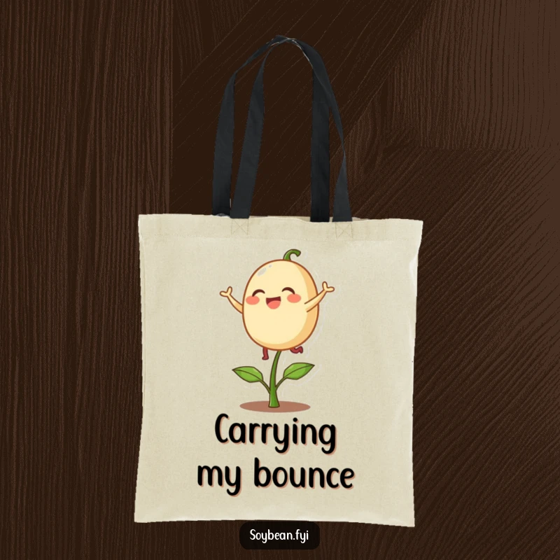 Funny tote bag showcasing a delighted soybean character playfully bouncing on a single sprout, perfect for carrying items with a smile.