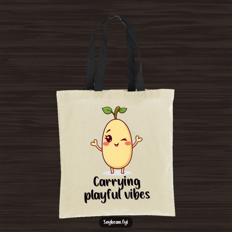 Funny soybean tote bag showcasing a playful anthropomorphic soybean with a mischievous wink and a wave, perfect for humorous and practical use.