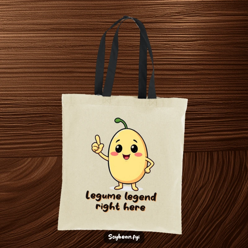 Funny soybean tote bag with a beaming anthropomorphic character nodding confidently, perfect for carrying items with positivity.