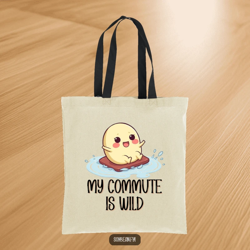 Funny tote bag illustrating a kawaii soybean character mid-slide across a wet surface, embodying playful chaos and amusement.