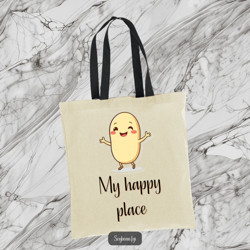Funny Kawaii soybean character joyfully dancing and grinning, perfect for a stylish and funny tote bag.