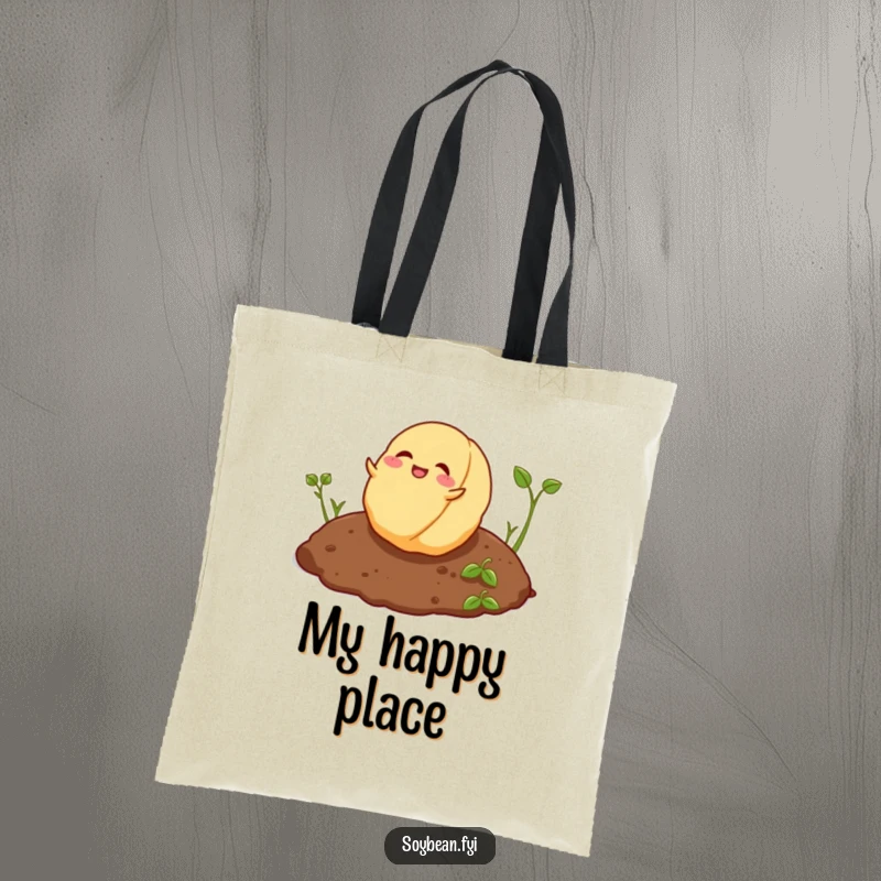 Funny playful soybean rolling joyfully on soil on a durable tote bag.