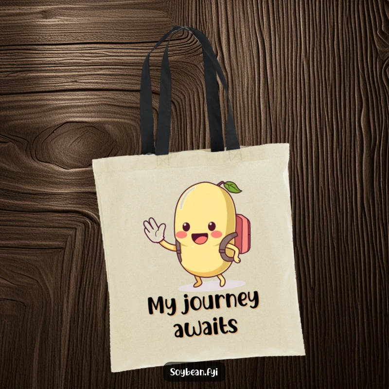 Funny tote bag showcasing a kawaii soybean with a backpack, waving hello excitedly, a practical and humorous item for travel, a great funny gift.