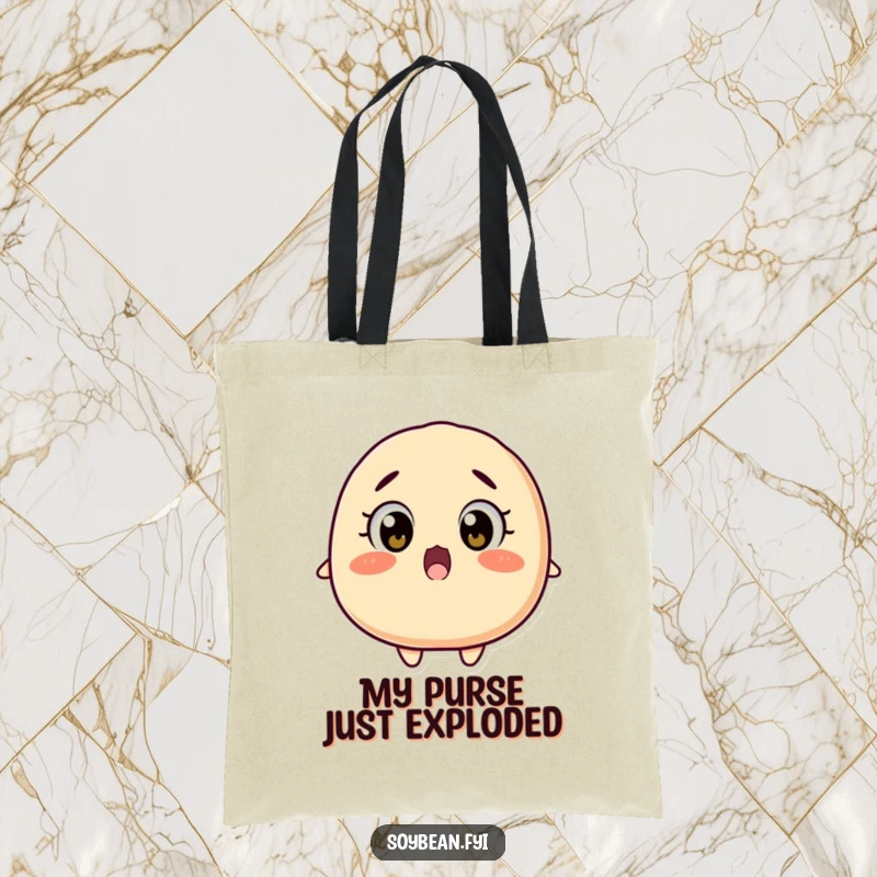Funny surprised soybean tote bag with wide eyes falling backwards, perfect for carrying essentials with a comical flair, a wonderful funny gift.