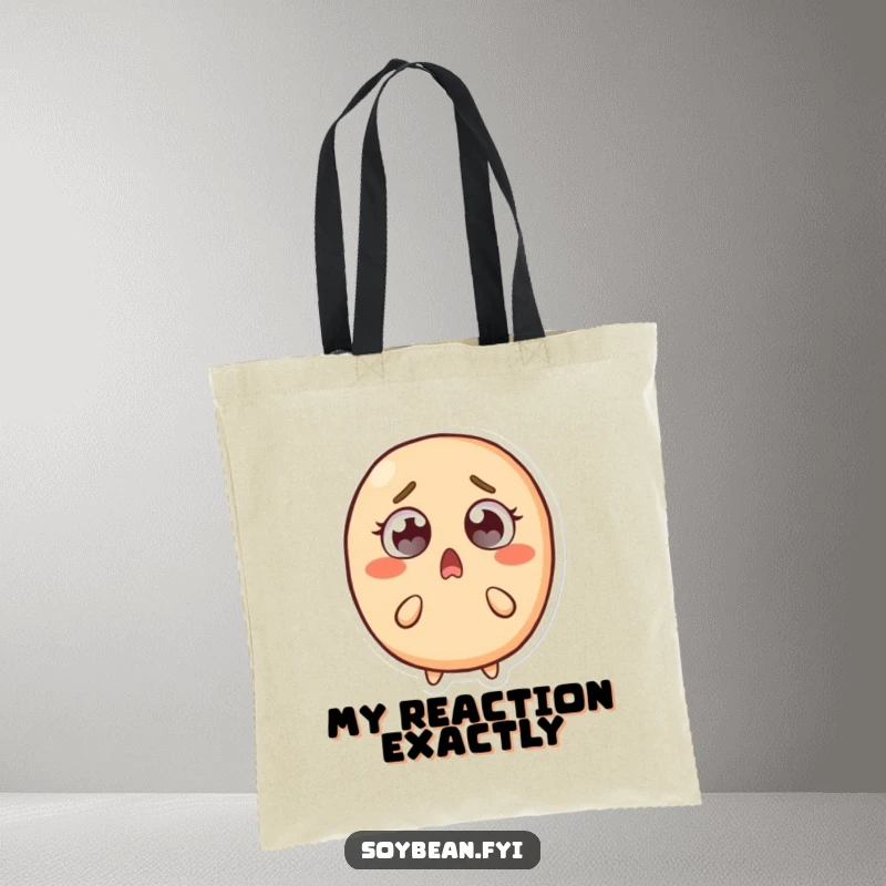Funny tote bag with a shocked soybean character, wide-eyed and recoiling, perfect for carrying essentials and expressing comical surprise.