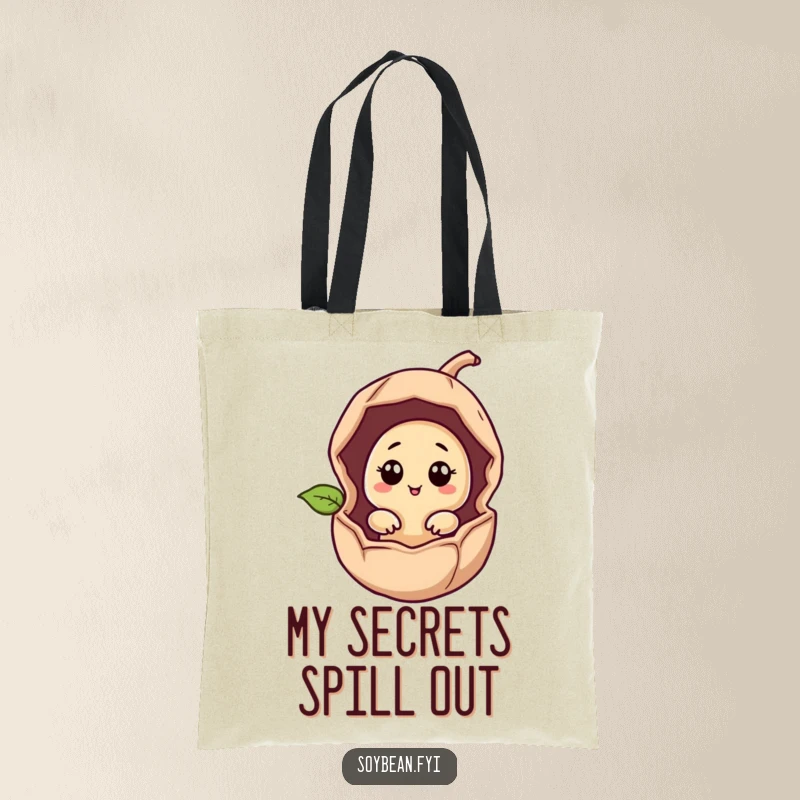 Funny giggling soybean peeking from a bean pod on a durable tote bag, ideal for humorous shopping.