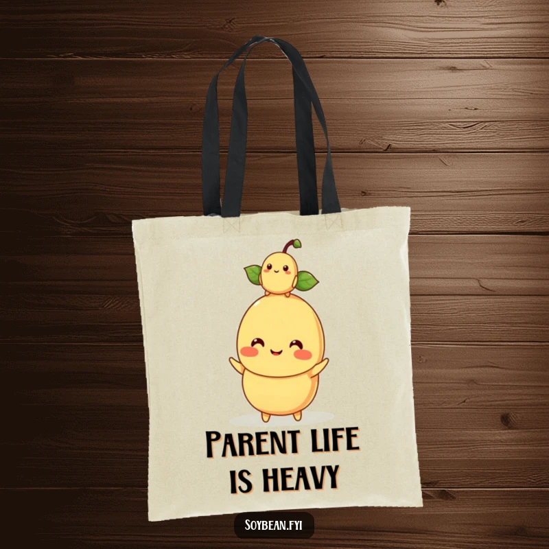 Funny kawaii soybean character mom balancing a baby soybean on its head, printed on a reusable tote bag.