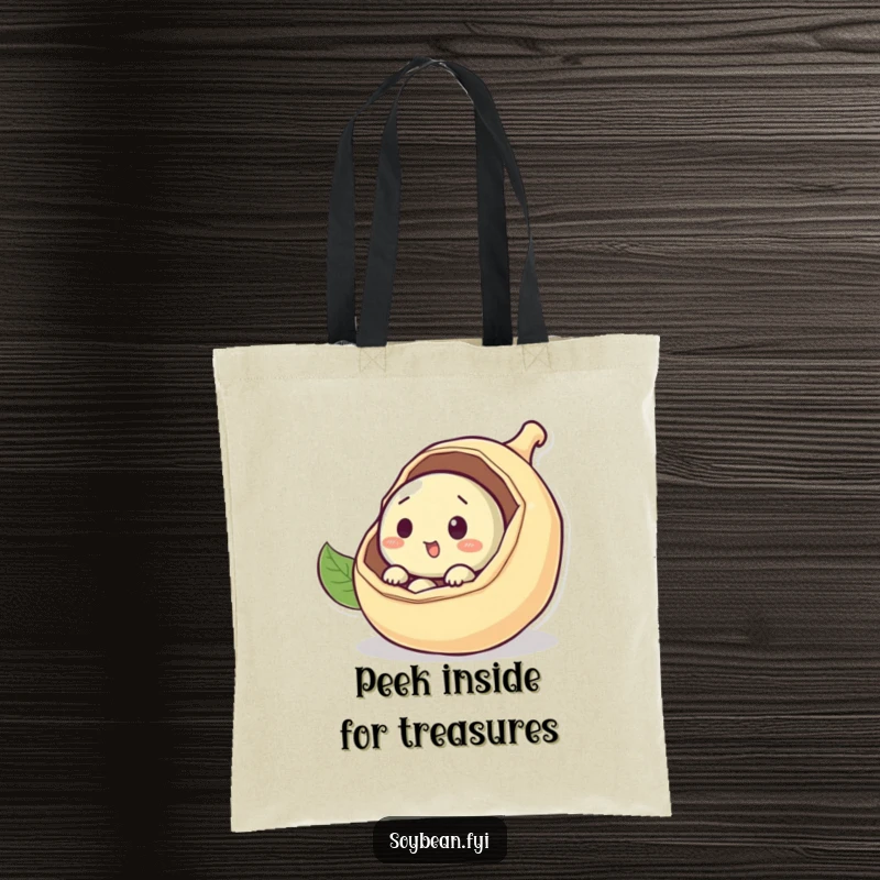 Funny curious soybean tote bag peeking out from a pod, perfect for carrying essentials with a sense of wonder, a wonderful funny gift.